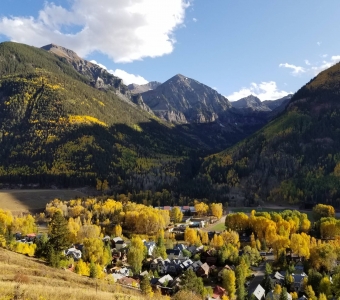 Bear Creek valley above Telluride with autumn aspens, viewed from Tomboy Road