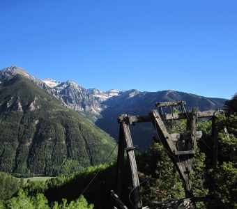 Historic wooden ore-tram tower overlooking Bear Creek Canyon near Telluride, Colorado