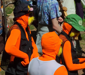 Camp Alderwild festivalgoers in bright orange costumes at the Stick Tournament