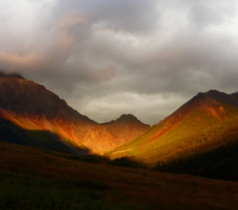 Evening sunlight illuminating Ophir Pass beneath storm clouds near Ophir, Colorado