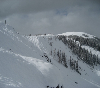 View across Prospect Bowl toward the Prospect Express top terminal and Bald Mountain at Telluride Ski Resort.