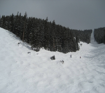 Skiers on Alias Alley at Telluride Ski Resort, with Sully’s Gully entering from the left.