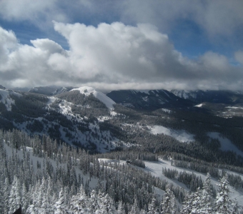 Prospect Bowl and Bald Mountain under winter clouds at Telluride Ski Resort.