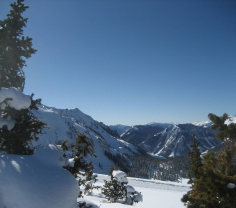 Prospect ridgeline overlooking the snow-covered Alta Lakes basin near Telluride.