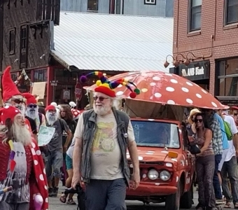 Telluride Mushroom Festival parade with costumed marchers and a red car topped by a giant mushroom