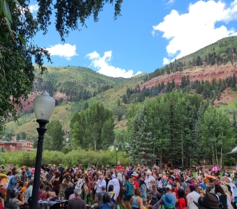 Telluride Mushroom Festival drum circle on the Grassy Oval in Telluride Town Park after the parade.